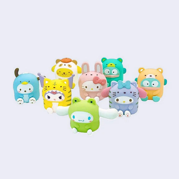 Set of colorful Sanrio figurines dressed up in full body costumes with hoods of various animals.
