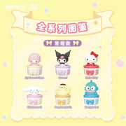 6 different options for figures within the Sanrio Wobble Basket Blind Box, each figure sits within a small striped basket that matches their color scheme. Options are: My Sweet Piano, Kuromi, Hello Kitty, Cinnamoroll, Pompompurin, and Hangyodon.