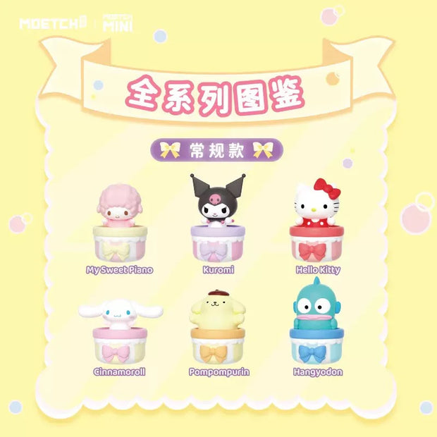 6 different options for figures within the Sanrio Wobble Basket Blind Box, each figure sits within a small striped basket that matches their color scheme. Options are: My Sweet Piano, Kuromi, Hello Kitty, Cinnamoroll, Pompompurin, and Hangyodon.