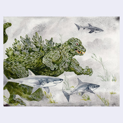 Watercolor painting of Godzilla, dark green and swimming undersea. Its coloring and skin pattern looks akin to seaweed. Sharks, who look small in comparison, swim by.