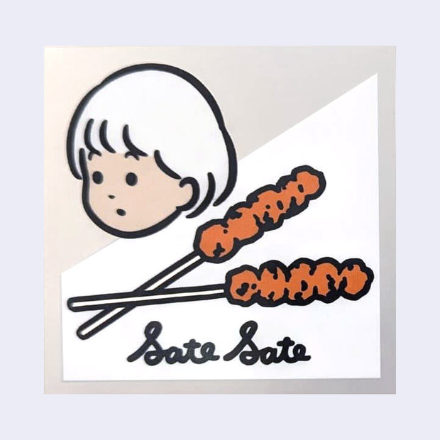 Illustration of a character with skewers labeled 'Sate Sate' on a light background