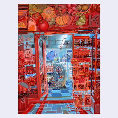 Highly saturated mood lighting painting, looking into a grocery store at night. Red light outside shines on fruit advertisements and news stands, with stark blue lighting illuminating the store interior.