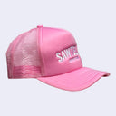 Light pink snapback cap with mesh backing. Text reads "SAWTELLE" in large white sans serif font with "Japantown" written below in smaller, matching font.