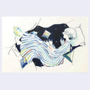 Artistic illustration of a person with a striped nightdress floating in a night sky shaped bed with crystals around.