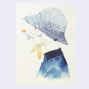 Illustration of a person wearing a blue hat and skirt with a yellow flower, on a light purple background.