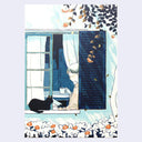 Illustration of a person with a cat by a window with blue shutters, surrounded by flowers.