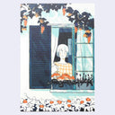Illustration of a woman by a window with flowers.
