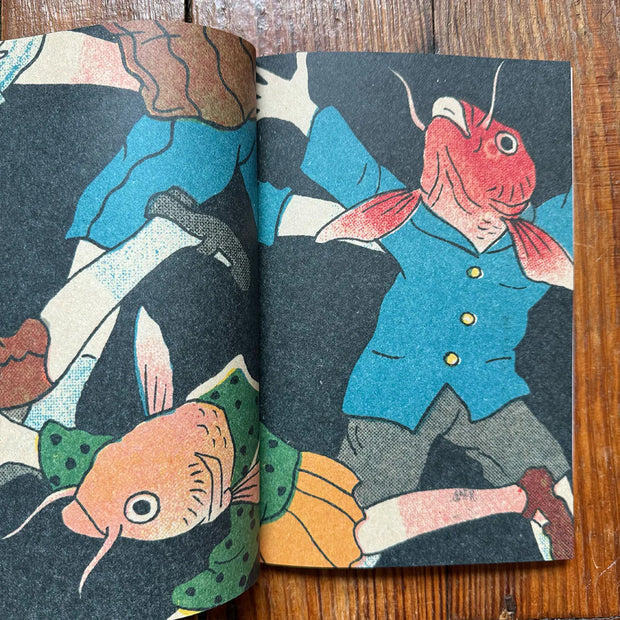 Open book sample featuring illustrations of goldfish/koi fish with human bodies.