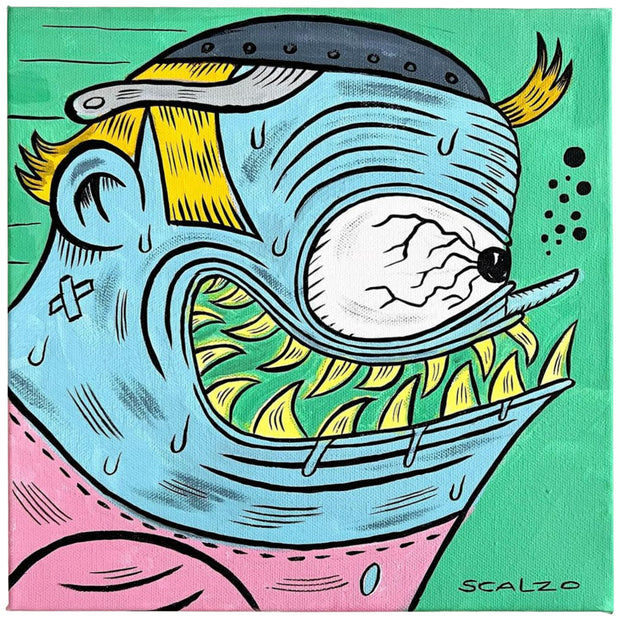 Painting of the side profile of a blue cartoon man with sharp yellow teeth, strained eyes and a frantic expression. He sweats and wears an unstrapped helmet, background is green.