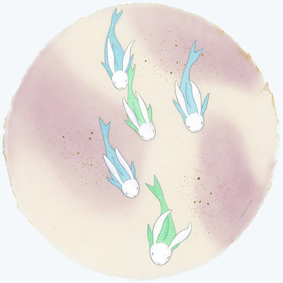 Paper circle with deckled edges and a soft pink and cream colored watercolor background. Blue and green fish with white bunny heads swim calmly.