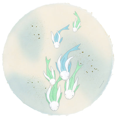 Paper circle with deckled edges and a soft blue and cream colored watercolor background. Blue and green fish with white bunny heads swim calmly.