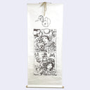 Hanging scroll with a 2 panel illustration of women, one in each panel, with mechanical and futuristic helmets and body gear. They have various animals popping out of their gear and surroundings.