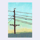painting of a telephone pole with power lines and a bird against a blue sky.