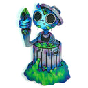 Painted flat wood sculpture of a blue cat wearing a leather jacket and popping out of a trash can, covered in green grime and holding a fish skeleton.