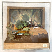 Diorama sculpture of 2 brown otters, one holds a fish in its hand and the other stands near a beached fish. They stand on a dirt shore with fish swimming nearby and cut greenery all around. Encased in clear box.
