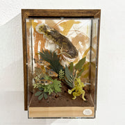 Mixed media diorama style sculpture of a very large, scary fish facing off with a small green frog holding a knife. Green cut paper leaves frame the scene, with small fish swimming nearby.