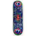 Painting on a skatedeck of 2 skeletons - one is positioned upright and the other is upside down as a mirror of sorts. In between them is a sun.