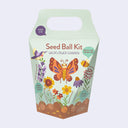 Seed ball kit packaging with butterfly and flower illustrations on a light green background