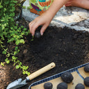 Person planting seeds in soil with gardening tools nearby