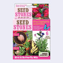 Seed stones packaging with images of plants, butterflies, and hummingbirds on a white background.