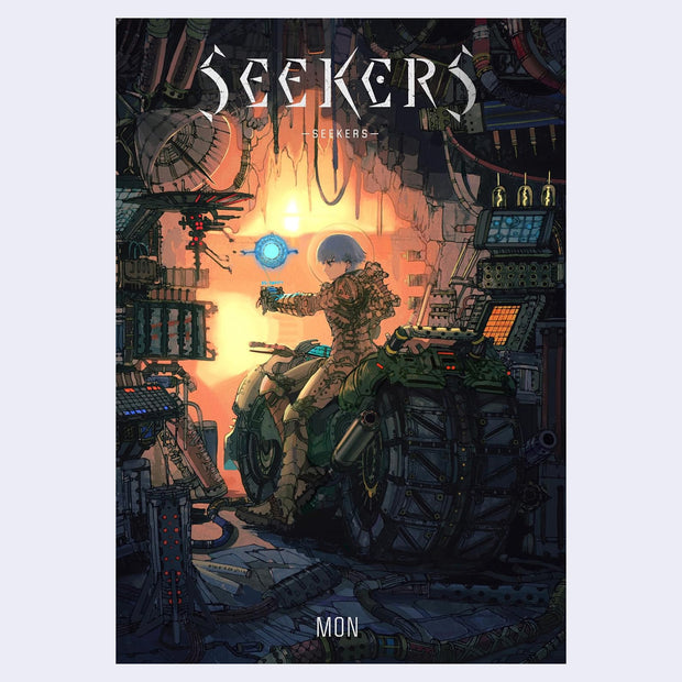 Cover of 'Seekers' with a futuristic scene and character on a motorcycle.