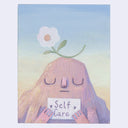 Illustration of of an anthropomorphized mounting with a calm, closed eye expression with a flower atop its head and holding a sign that reads "self care"