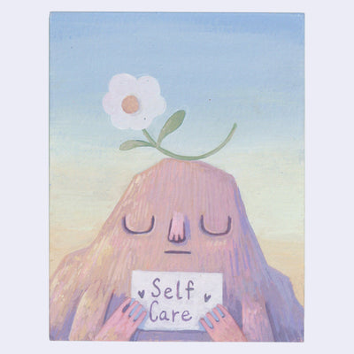 Illustration of of an anthropomorphized mounting with a calm, closed eye expression with a flower atop its head and holding a sign that reads "self care"