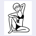 Black and white line drawing of a person sitting with a phone in their hand, wearing a bathing suit.