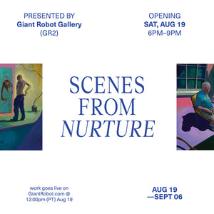 Art show flyer for Scenes from Nurture by Leo Frontini, featuring 2 snippets of painting on either side of the title. Each piece features a man, looking away from the viewer. 
