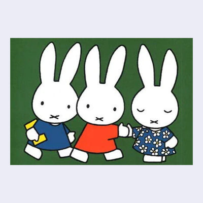 Green background postcard featuring an illustration of 3 Miffy characters wearing different outfits, two of them shake hands with one another.