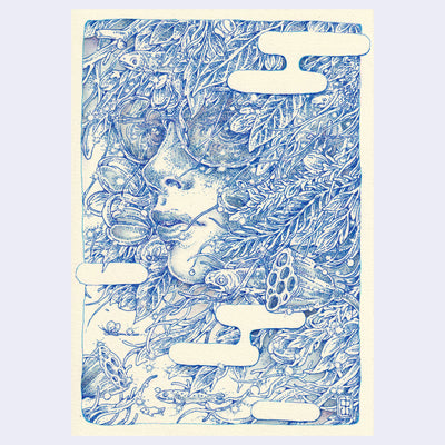 Blue ink illustration of a person's face, close up and looking to the side. They wear sunglasses and have leaves for hair.