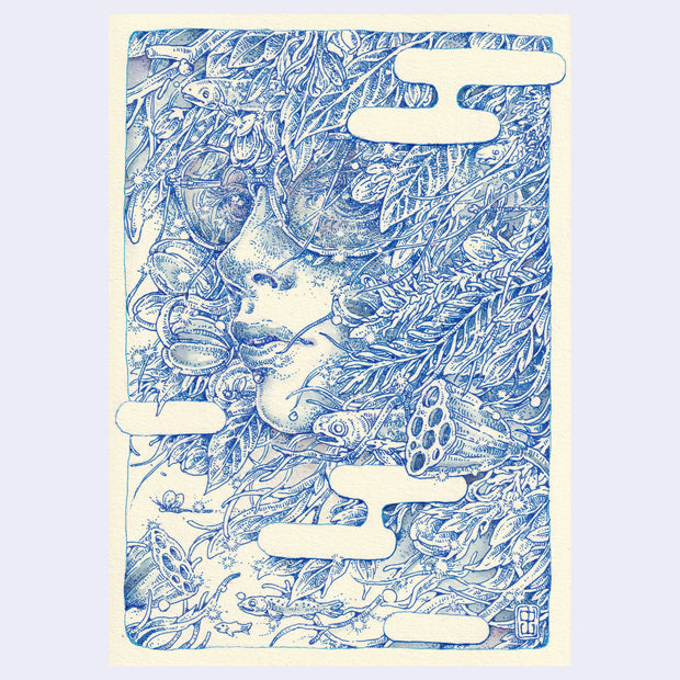 Blue ink illustration of a person's face, close up and looking to the side. They wear sunglasses and have leaves for hair.
