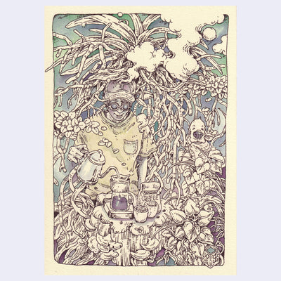 Illustration of a person pouring hot water from a kettle into pour over coffee. All around them are plants with large, long roots.