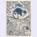 Illustration on tan paper of a cat, balanced atop of a tiny teapot with another smaller cat on its back and a mouse atop of that cat's back. Surroundings are florals.