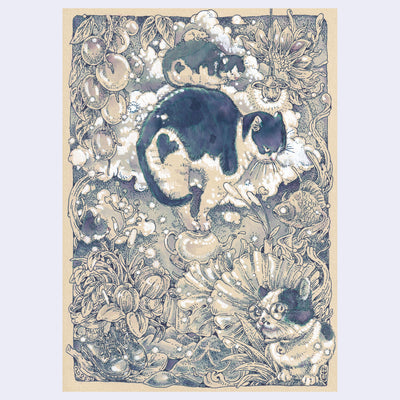 Illustration on tan paper of a cat, balanced atop of a tiny teapot with another smaller cat on its back and a mouse atop of that cat's back. Surroundings are florals.