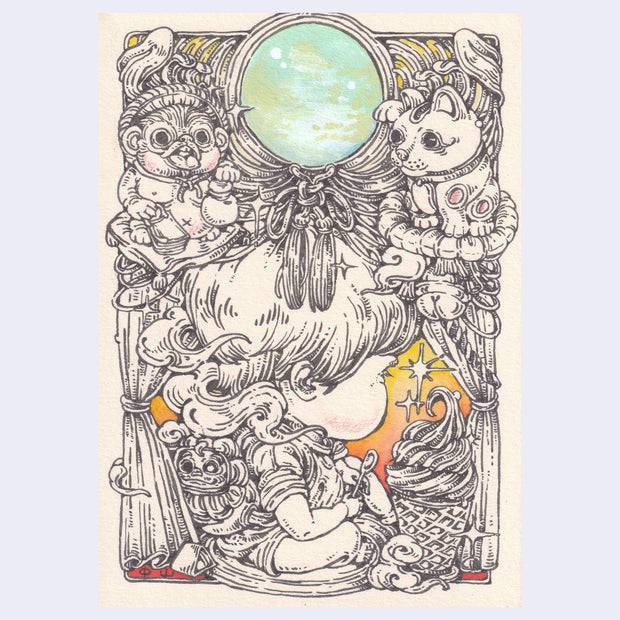 Illustration of a tiny child with a large head, looking to the side and holding a tiny spoon in front of a large soft serve cone. Atop their head is a decorative border with an orb in it and statues.