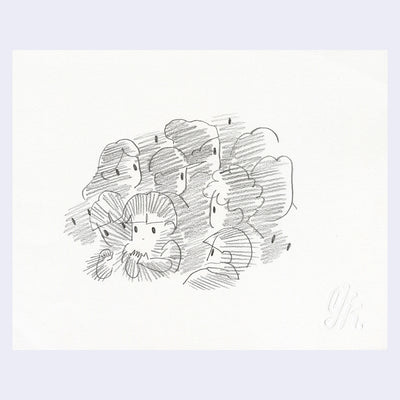 Graphite illustration of a group of kids standing around a shiny object illuminating them.