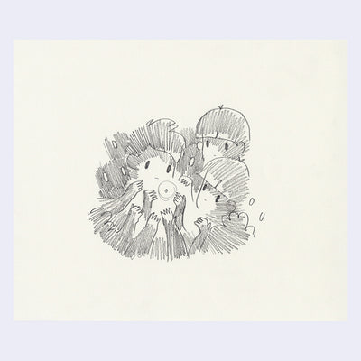 Pencil drawing of a group of kids, all looking towards something illuminating.