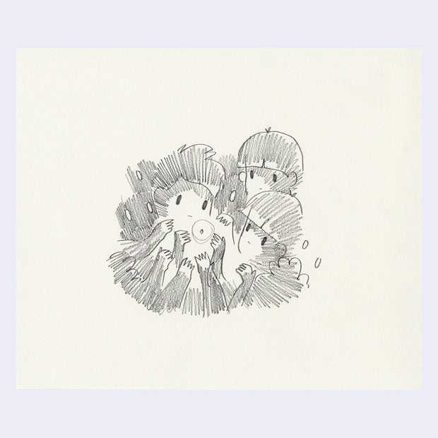 Pencil drawing of a group of kids, all looking towards something illuminating.