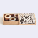 Three rolls of washi tape in a decorative box with cat illustrations on a white background