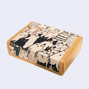 Cardboard box with black cat illustrations on a beige background