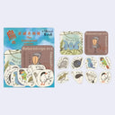 Set of illustrated stickers with various animals titled 'The Endangered Species Balaeniceps rex'.