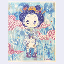 Illustration of a character with a traditional Japanese geisha hairstyle and kimono on a colorful background. They wear sneakers and hold a kitten.