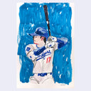 Baseball player in a Dodgers uniform with a bat against a blue abstract background