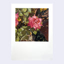 Painting of a bright pink rose, with bits of a sidewalk visible behind it and a wire gate.