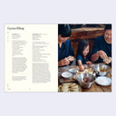 Cookbook page with gyoza filling recipe and a family making gyoza.