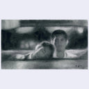 Artistic depiction of 2 people sitting, seen from a rear view mirror. One sleeps on the other's shoulder.
