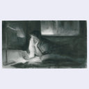 Charcoal drawing of a person lying on a bed with a lamp illuminating their phone.