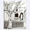 Illustration of a house with a ghostly figure on the porch, surrounded by trees.
