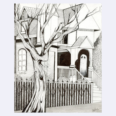 Illustration of a house with a ghostly figure on the porch, surrounded by trees.